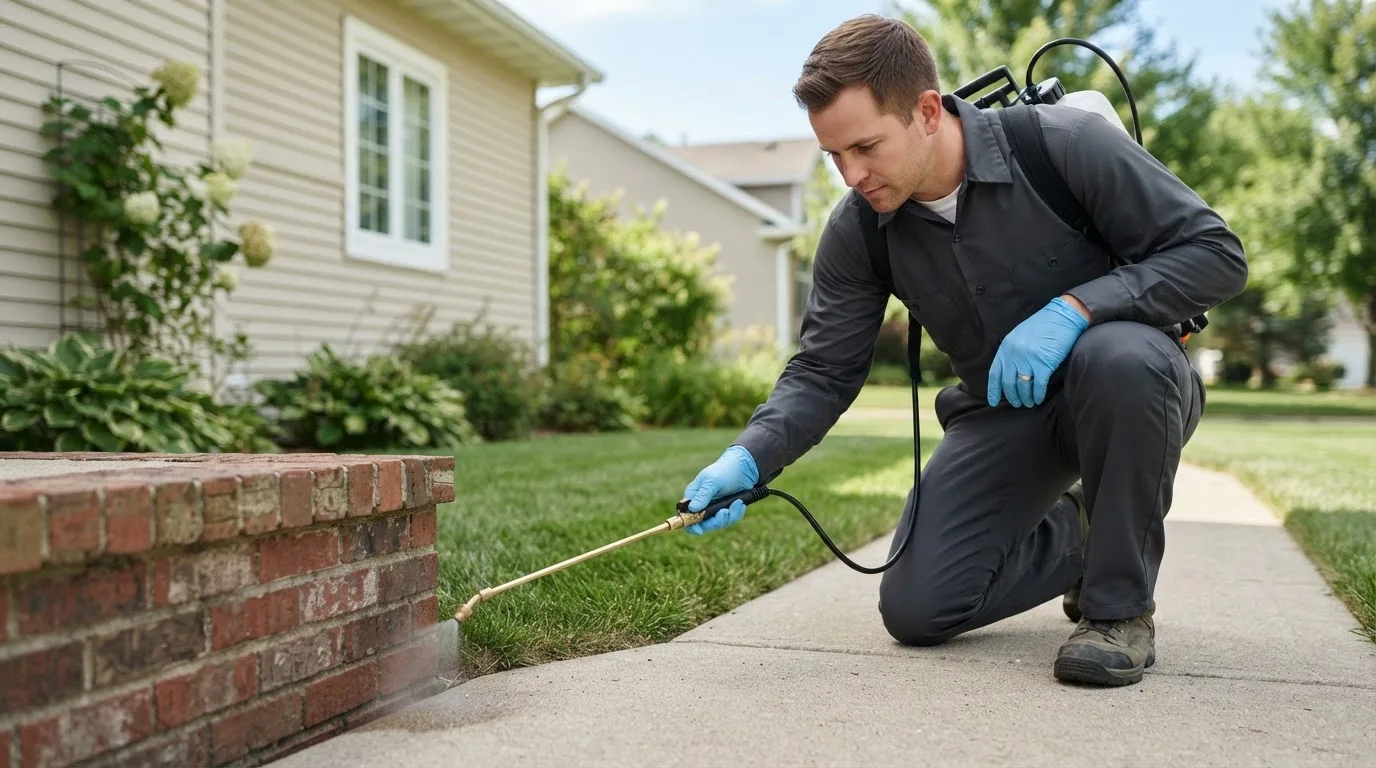 Pest control technician treating a home near Solen, ND